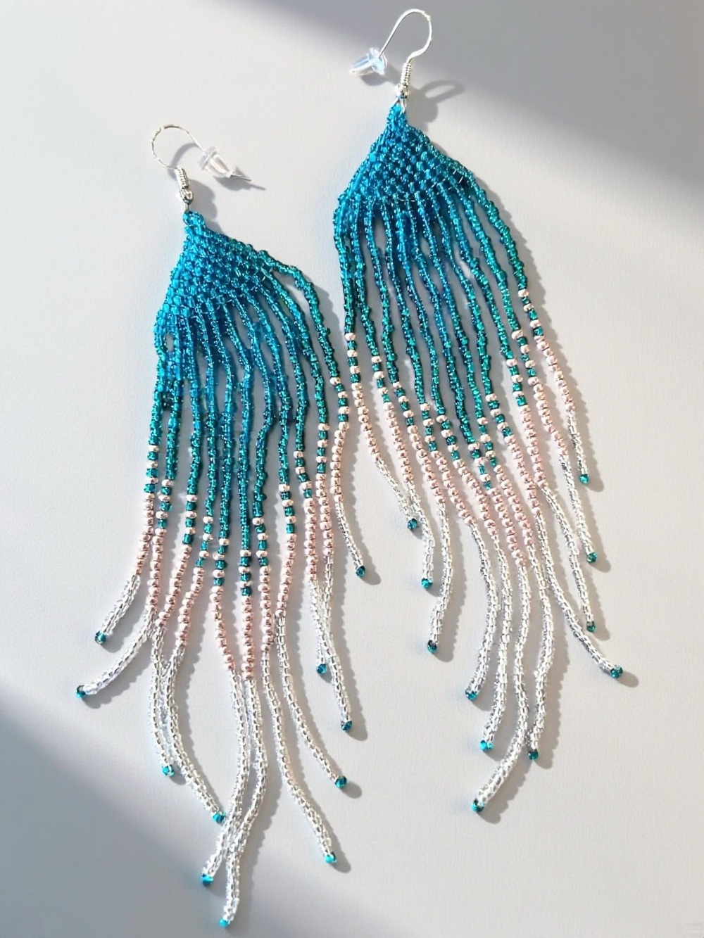 Teal White Copper Silver Beaded Fringe Drop Earrings